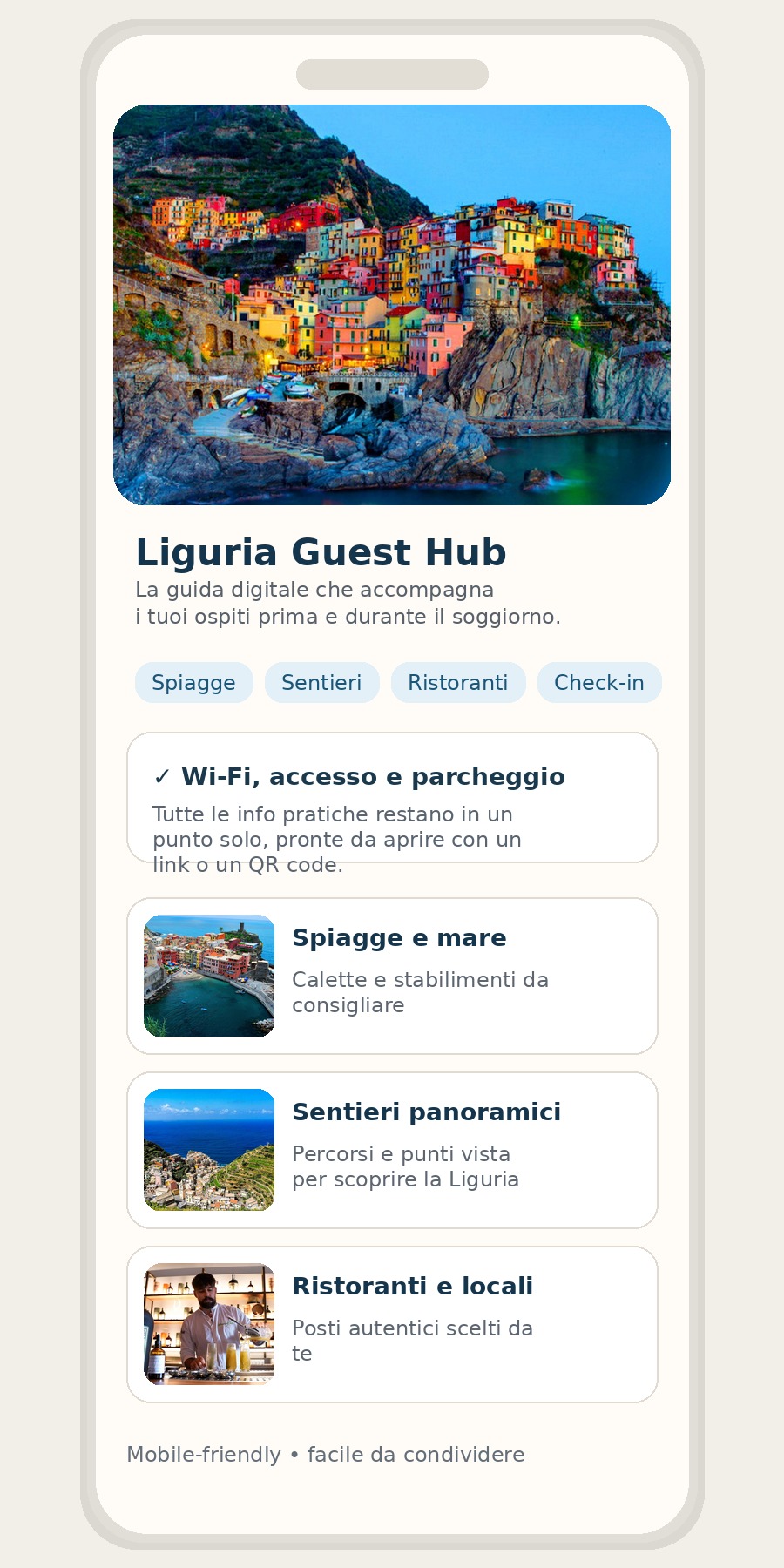 Anteprima smartphone di una guida digitale Liguria Guest Hub